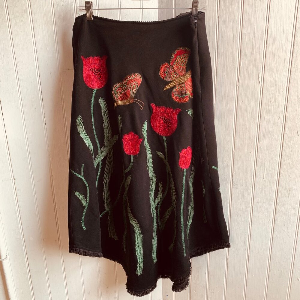 Ilyse Hart Ltd Vtg Y2K Black Floral Butterfly Embroidered Maxi Skirt Boho Fairy